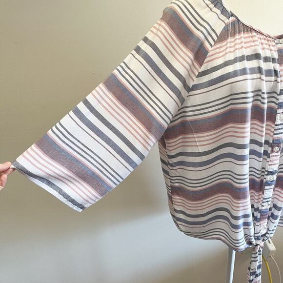Como Blu Womens Tie Front Top Size M Striped Button Up Kimono 3/4 Sleeve Blouse - Picture 2 of 7